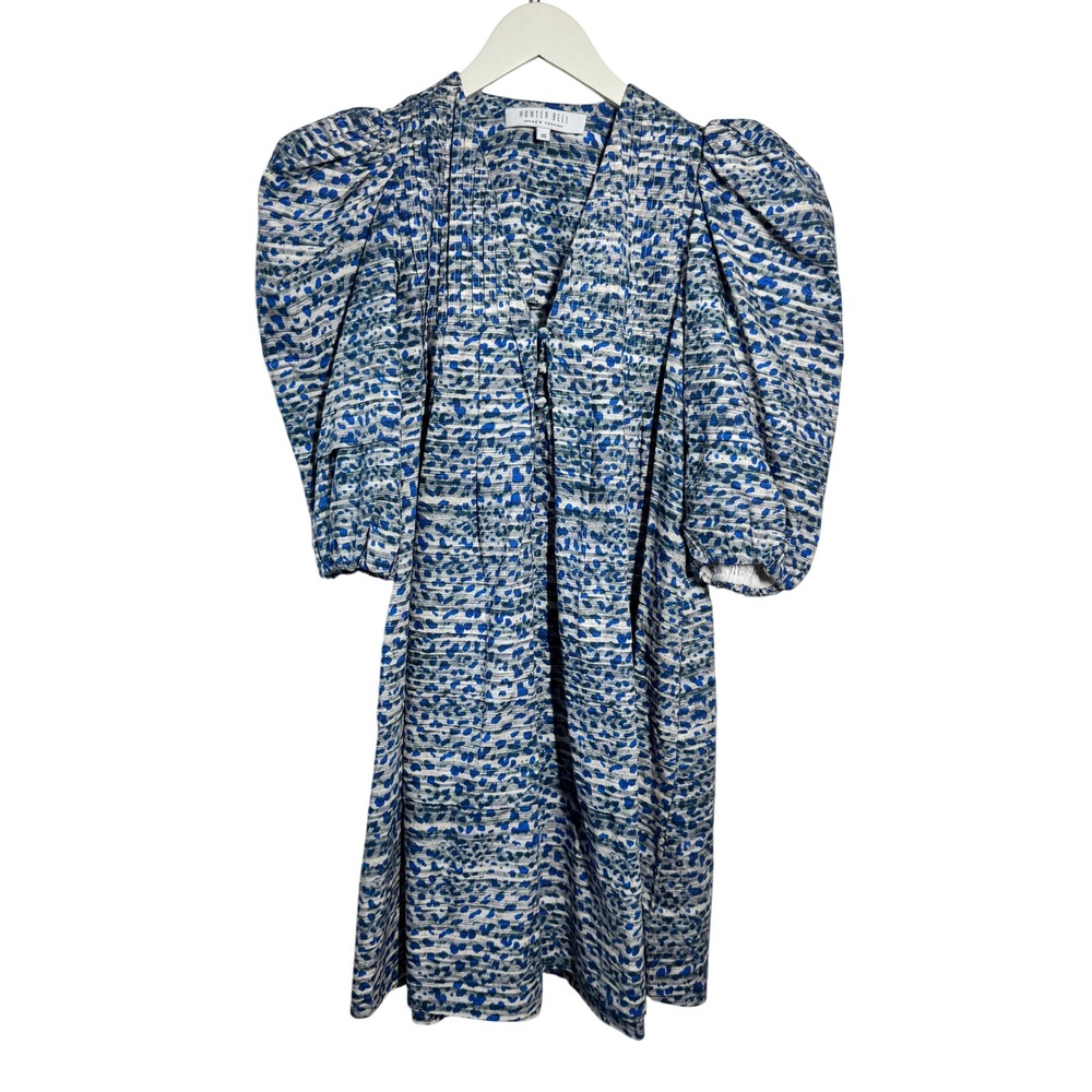 Hunter Bell New York Blue White Abstract Print Puff Sleeve Mini Dress XS Cottage